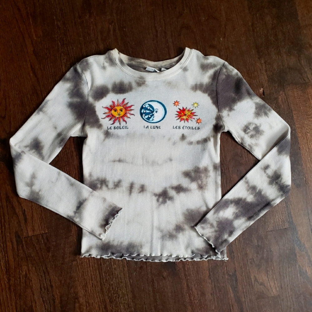 Mighty Fine Tie Dye Thermal Long Sleeve Top XS Celestial Graphic Sun, Moon, Star